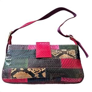 KAZUYO NAKANO Animal Print Leather Patches Satin Shoulder Bag Top Handle Zipper